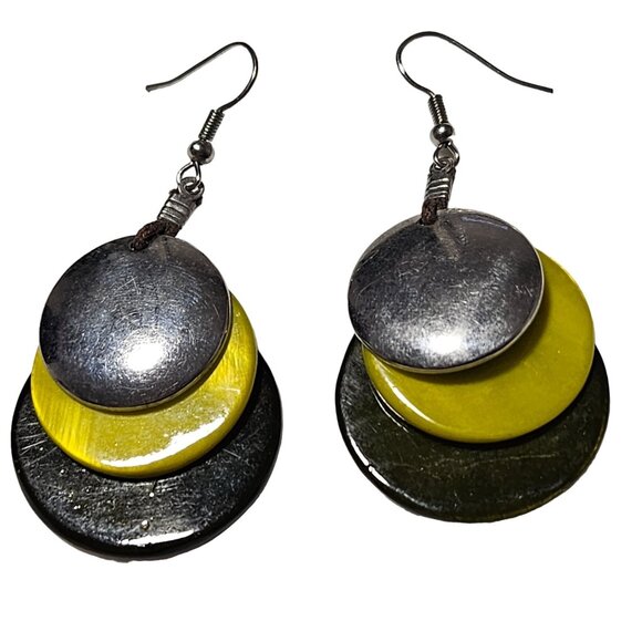 Boho Layered Metal Green Yellow Disc Drop Earrings Statement Jewelry Women - Picture 1 of 4